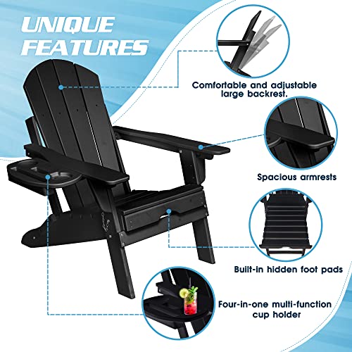 Navine Adjustable Backrest Adirondack Chair,Folding Adirondack Chairs,Plastic Adirondack Chairs With Ottoman With 4 In 1 Cup Holder Trays For Deck, Terrace, Patio, Poolside.（Black） #TOP3