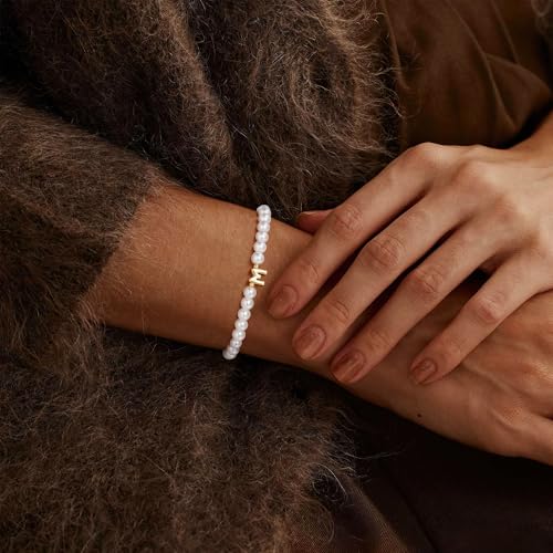 M MOOHAM Pearl Initial Bracelet for Women - Dainty Beaded Charm Bracelets for Women Trendy Charm Letter A-Z Personalized Pearl Jewelry Gifts4