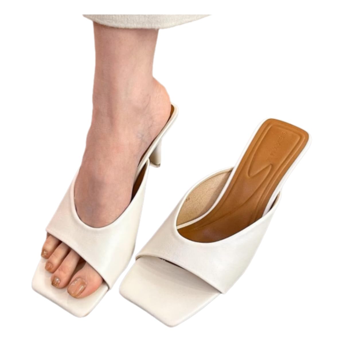Sandali Donna Pantofole da A Punta Quadrata, Sexy Tacco Alto, Scarpe Semplici E Versatili-Beige Bianco-38