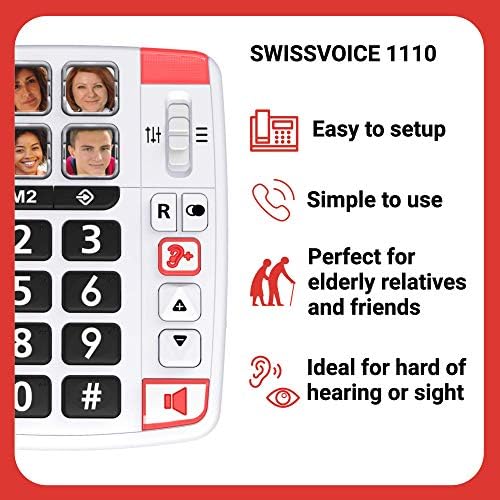 SWISSVOICE Xtra 1110 - Big Button Phone for Elderly - Phones for Hard of Hearing - Dementia Aid Big Number Telephone - Elderly People Gifts - Hearing Aid Compatible Phones - Elderly Phone Amplified