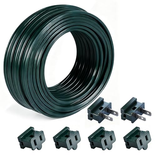 100FT SPT-2 Christmas Lighting Wire - with 4 Vampire Plugs, 18AWG Low Voltage Extension Cable for Custom Outdoor Holiday Light Displays, Flexible 2-Conductor Green Electrical Wire