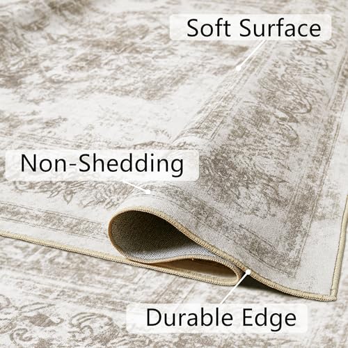 Runner Rug 2x10 Beige Hallway Washable Carpet Non Slip Vintage Medallion Carpet Low Pile Soft Distressed Retro Indoor Long Rug for Entryway Kitchen Bathroom Laundry Bedroom