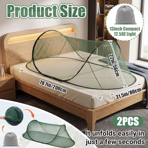 Image of 2 Pcs Large Pop up Mosquito Tent Portable Foldable Mosquito Bug Net for Bed Camping Travel Patio Outdoor 78 * 31 * 22 Inch Bug Netting Mesh Tent Canopy for Adults Bedroom, Green