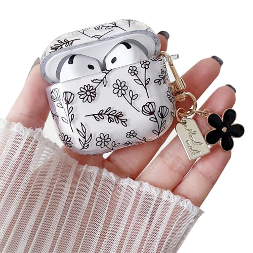 Image of MINSCOSE Compatible with AirPods 4 Clear Case,Cute Flower Floral Aesthetic Design with Flowers Keychain, Soft TPU Protective Shockproof Case for Women Girl for Airpods 4-Black