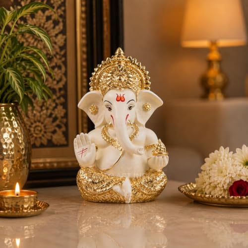 Image of Gold Art India Lord Ganesha Gold Plated Idol | Elegant Off White Finish | Premium Peacock Green Velvet Gift Box | Ganesh Murti for Home Temple, Office Desk & Car Dashboard | Spiritual Gift