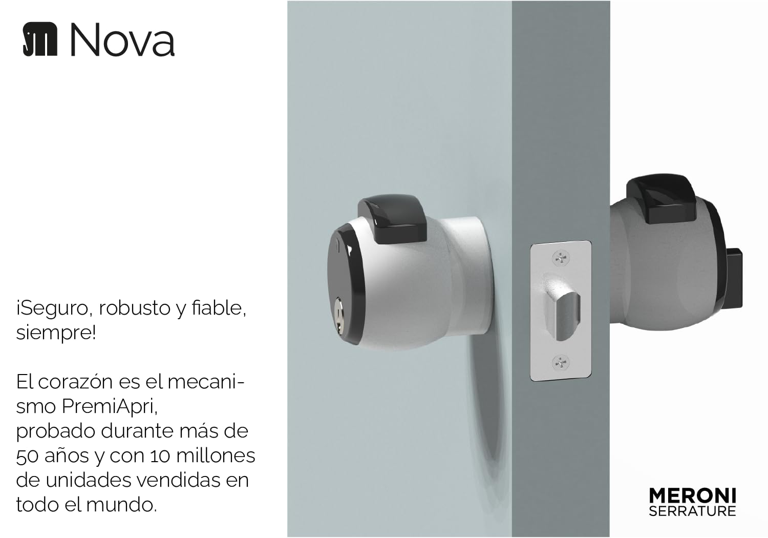 MERONI SERRATURE Cerradura Pomo Puerta Entrada - Cerradura Puerta Interior de Seguridad con Pomolo, Ideal para Puertas de Oficinas en Madera, Metal, Aluminio y Vidrio, Manillas Puertas Con Llave