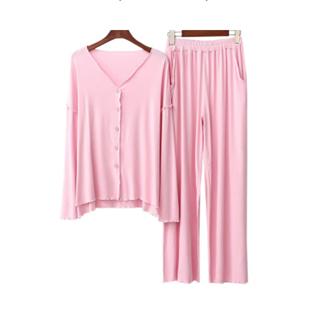 Conjunto de pijama de algodón suelto de manga larga para mujer, casual, otoño, invierno, cuello en V, azul marino, M