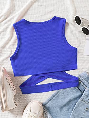 SweatyRocks Girl's Sleeveless Round Neck Criss Cross Wrap Top Ribbed Knit Crop Tank Tops2
