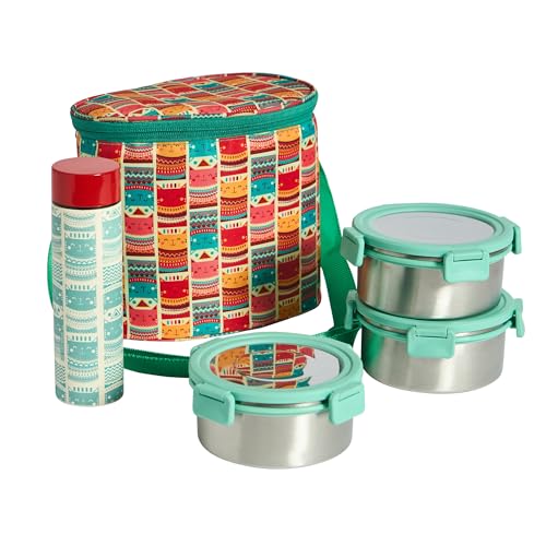 Image of Chumbak Aztec Cats Lunch Box Set | Tiffin, 3 round Containers, 450 ml Each, 1 Sipper bottle 350ml| Easy to Carry | Leak Proof | Stainless steel Lunch box