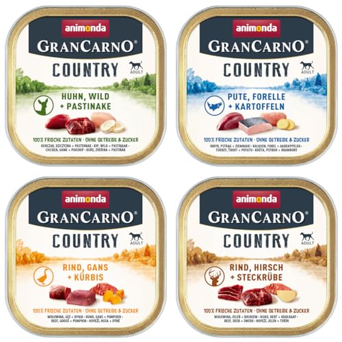 Animonda GranCarno Country 150g (Bundle) | 12 oder 24 Schalen-Mix mit garantiert 4 verschiedenen Sorten | getreidefreies Nassfutter für Hunde (24x 150g)