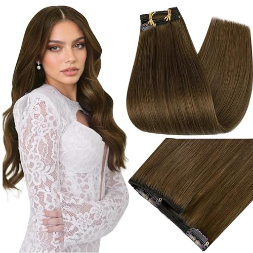 Image of Full Shine Dark Brown Clip in Hair Extensions Human Hair, 16 Inch 135g 7Pcs | Invisible Clip Ins for Natural Volume, Soft Straight Lightweight Hair Extensions for Thin Hair, Comfortable Daily Wear
