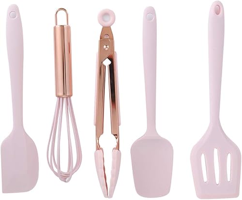 Miniatura 3 de Utensilios de cocina de silicona, 5 piezas, juego de utensilios de cocina, espátula, utensilios de cocina para niños, raspador de silicona, rosa,