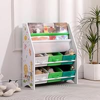 Ansley&HosHo Children's Bookcases, Kids Bookshelf Organizer, Childrens Toys Storage Unit with 6 Boxes & 2 Book Shelves, Toddler Sling Book Shelf for Playroom, Kids Room, Nursery (Green)