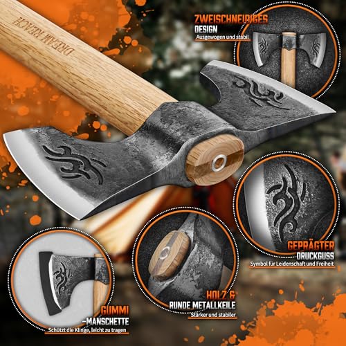 Dream Reach Axt Beil Set - 2PCS Doppelaxt Wikingeraxt Camping Beil Outdoor, Tomahawk Holzgriff Axt Holz Spalten für Bushcraft Wald Garten Männer Geschenke – Bild 4