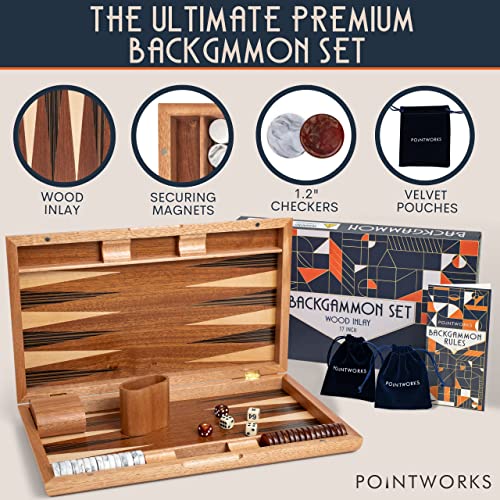 Pointworks 17 Inch Backgammon Set For Adults. Beautiful Wood Inlaid Backgammon Game With Unique Checkers. Best Two Player Board Games For Adults, Travel Game Gift For Dad #TOP1