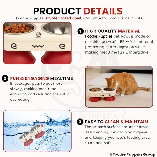 Image of Foodie Puppies Pet Elevated Cat Bowl - (Fun Face Double Bowl) | Detachable Stainless Steel Raised Feeder for Food & Water Feeding | Durable, Anti-Vomiting, Mess-Free Feeder for Cats, Kittens & Puppies
