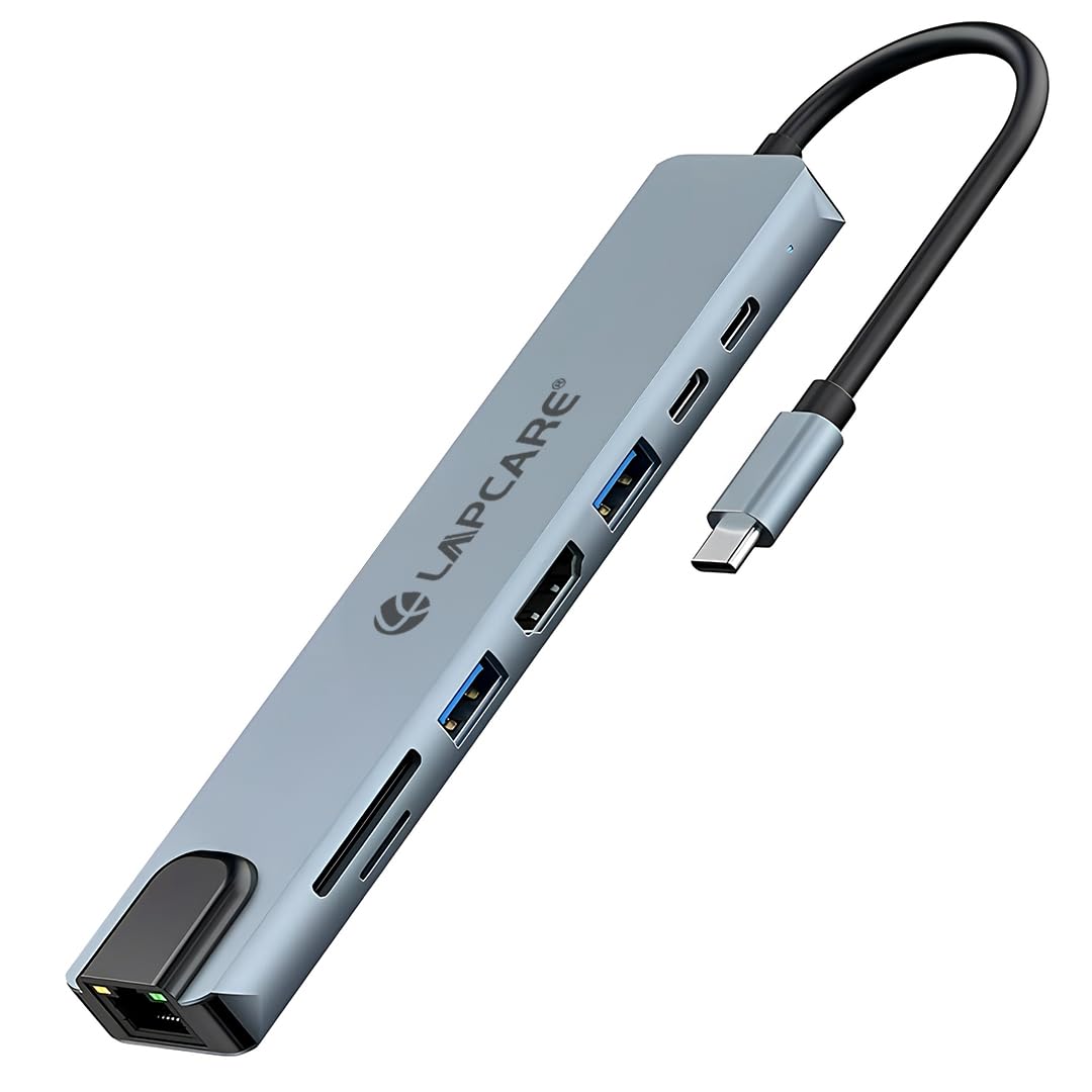 LAPCARE 8-in-1 USB-C Hub Docking Station, 4K HDMI, 87W PD Charging, USB 3.0, Ethernet Port, SD/MicroSD Card Reader, Type-C Multiport Adapter for MacBook, Laptop, iPad Pro