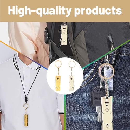 Image of Whistle High Sound, 2 Pack Double Tube Loud Whistle for Camping, Sports Whistles for Coaches for Hiking, Survival, Sports, with Keychain, 5.7cm x 1.8cm, Gold and Light Gray