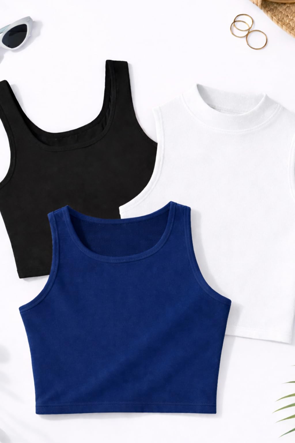Toochki Maglietta corta da donna, per sport, casual, rotonda, quadrata, collo alto, in cotone, confezione da 3