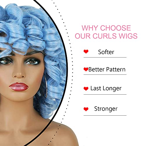 Phoenixfly Short Afro Curly Wigs For Black Women Loose Curly Fluffy Shoulder Length Natural Looking Hair Wigs Heat Resistant Hair Replacement Wigs With Wig Caps (Blue) #TOP5