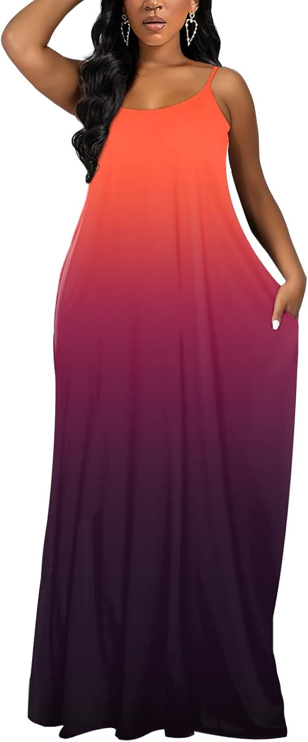 OFEEFAN Women's Maxi Dresses Summer Spaghetti Strap Dress with Pockets - Image 3