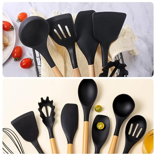 Küchenutensilien Set - 22 Stücke Silikon Küchenhelfer - Küchen Hitzebeständiger Kochbesteck Set - Pfannenwender Set - mit Utensilienhalter und 10 S Haken (Schwarz)
