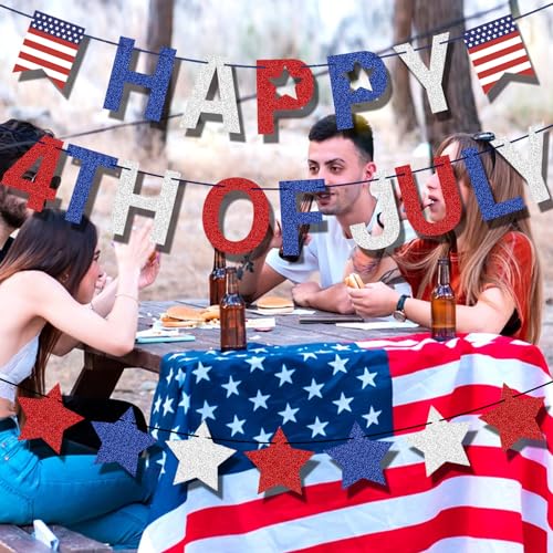 Image of 4th of July Banner Red White Blue Glitter Happy 4th of July Banner and Star Garland for Independence Day Memorial Day Patriotic Party Decorations