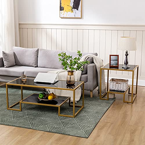 image for COSVALVE Glass Coffee Table, Gold Accent Modern Tempered Glass Side Ta