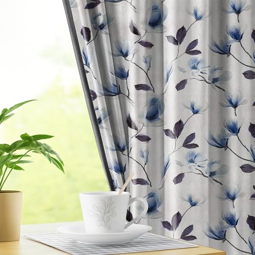 Image of LINENWALAS 100% Blackout Curtains for 6 Feet Window | Set of 2 | Aesthetic Tulip Prints| Thermal Insulated, Room Darkening Drapes with Grommet Hanging Style for Living Room & Bedroom (Blue Tulip)