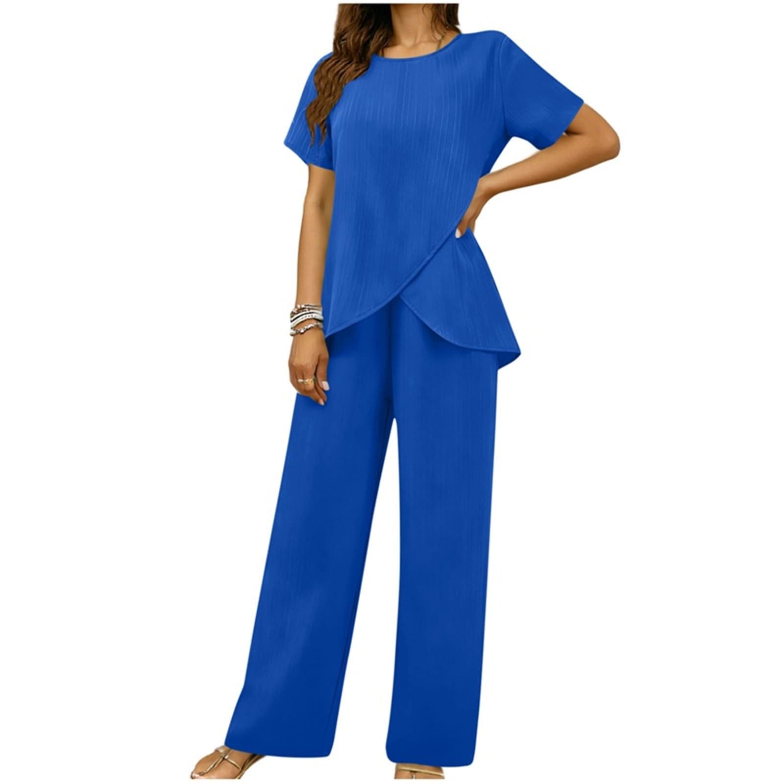 AACH Hosenanzug Damen Sommer Outfits Elegant Slim Fit 2-Teiliges Kurze Ärmel Rundkragen Oberteile und Weite Hose Zweiteiler Geschäft Büro Sportanzug Locker Einfarbig Freizeitanzug Mode Anzug