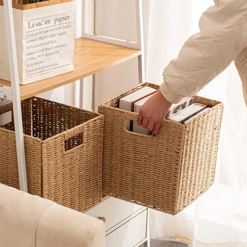 Foldable Storage Baskets with Handles Paper Rope Storage Baskets Rectangle Collapsible Hand Woven Storage Cubes Bins for Organizing Shelves Living Room Bedroom Pantry (4, 11'' x 11'' x 11'') by ChubanCraft - Image 5