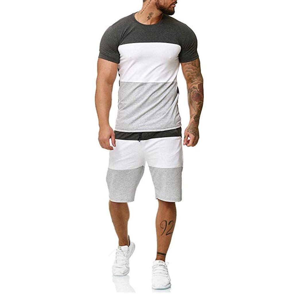 2022 Patchwork Jogging Sets for Men,Short Sleeve Tops+Drawstring Short Pants Sports Suit Tracksuit S