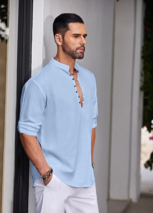 Image of Macsivo Men's Stylish Mandarin Collar Kurta | Casual Ethnic Fusion Shirt for Daily, Party & Travel | Full Sleeves | Cotton Blend Comfort Fit Short Kurta