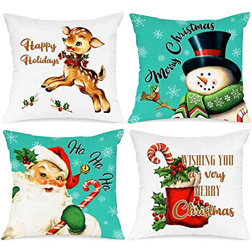 Lanpn Lot de 4 père Housse de Coussin Noel 50x50 cm, Taie d'oreiller Père Noël Vintage Parure de Oreiller de Décoration de Lit Noel Deco pour Chambres Canapé Xmas Decoration Cover