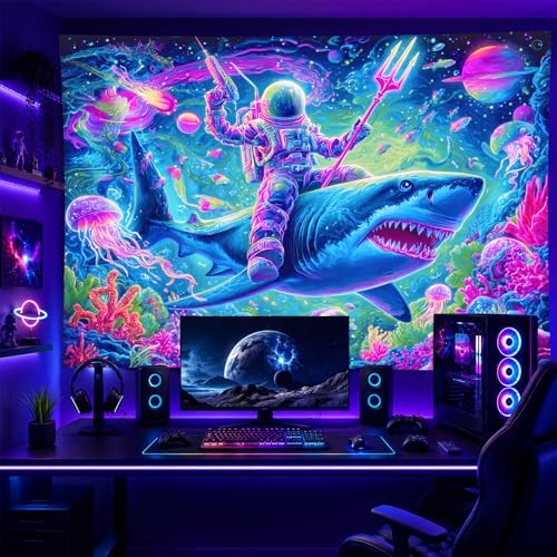 Image of BlissYard Neon Space Astronaut Shark Black Light Tapestry UV Reactive Psychedelic Underwater Galaxy Wall Hanging for Living Room Bedroom Dorm Room Bar Party Decor 78x59 Inch