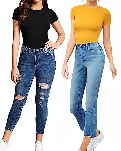 image for MANGOPOP Women's Crew Neck Short Sleeve Bodysuit Basic T Shirts Body S