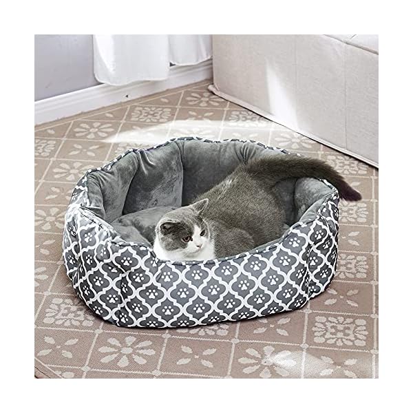 LUCKITTY Großes Katzenbett, 63.4 cm, weicher Samt und wasserdichtes Oxford-Kissen, ovales geometrisches Haustierbett für Indoor-Katzen oder kleine Hunde, graues Hunde-Fußabdruck-Muster – Bild 6