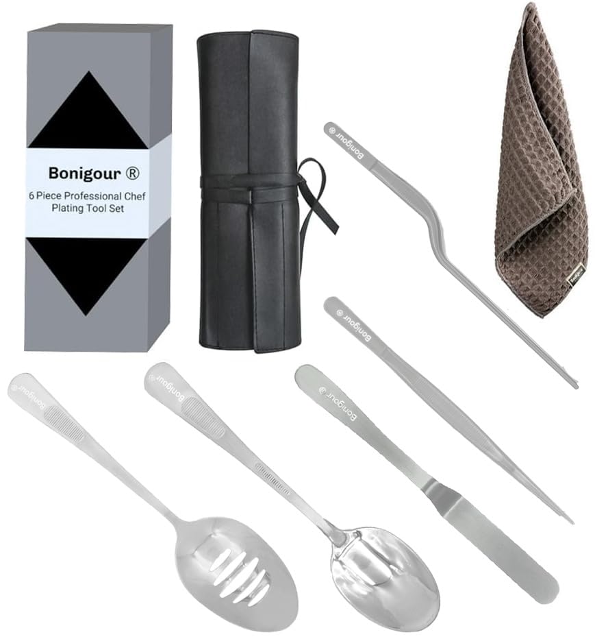 Bonigour Plating Tool Culinary Set, 6 Piece Professional Chef Plating Tools Kit, Chef Plating Utensils, Spatula, Tweezers for Modernist Cuisine Food Art, Black, Cooking Utensils (Silver)