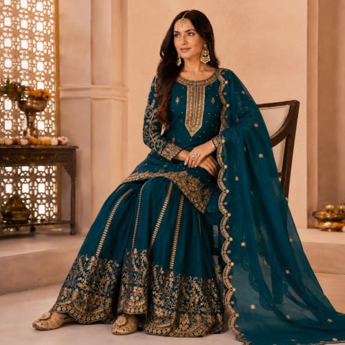 Image of Women's Ethnic Plazzo Suit Set with Kurta & Dupatta | Fendy Fabric Embroidered Kurta Set | Round Neck 3 /4 Sleeve Dress | Elegant Outfit