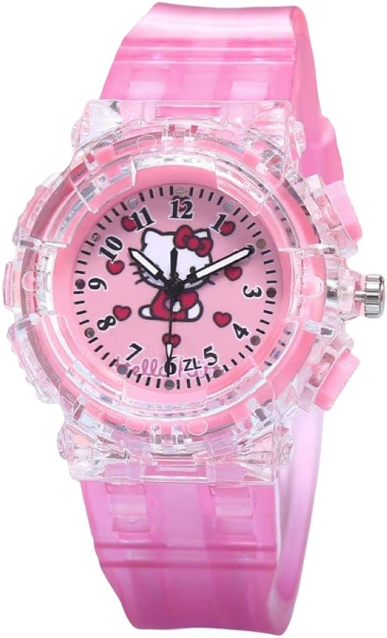 Goodern Compatible for Hello Kiity Watch Colorful Luminous Cartoon Watch for Boys Girls Hello Kiity Analog Quartz Watch Kids Hello Kitty Wrist Watch Cute 3D Digital Watch Cartoon Watch for Kids Gift