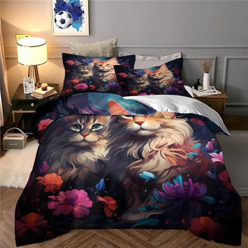 Housse de couette chat et fleurs 3D en microfibre parure de lit single 135x200cm - 6