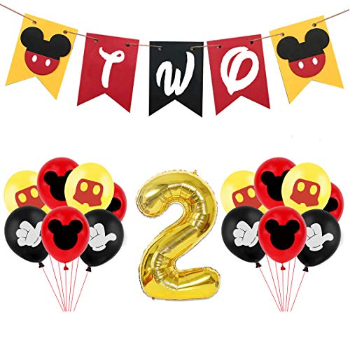 Mickey 2Nd Birthday Decorations Boy Girl - Mickey Two Banner High Chair Banner, Mouse Balloons, Num 2 Foil Balloon For Kids Mickey Birthday Party Supplies #TOP21