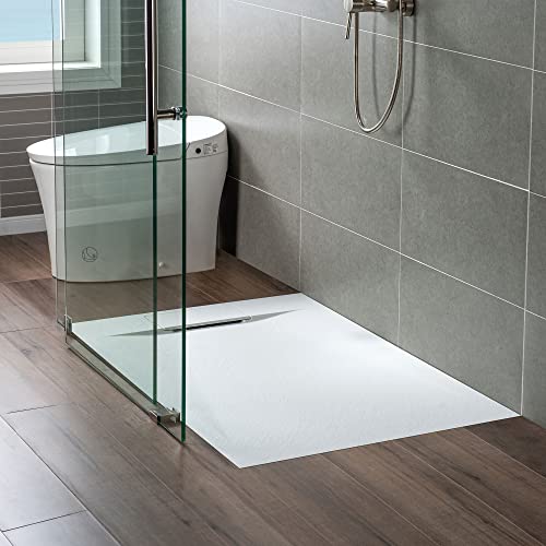 WOODBRIDGE 60 in L x 31.5 in W Zero Threshold End Drain Shower Base with Reversible Drain Placement, Matching Tile Flange, Wheel Chair Access, Low Profile, White