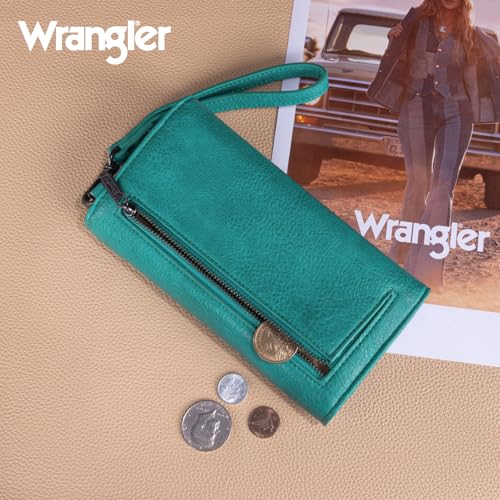 Image of Montana West X Wrangler Wrist Wallets for Women Ladies Female Large Card Cases & Money Organizers Trifold Clutch with Rfid Lining and Wrist Strap Turquoise