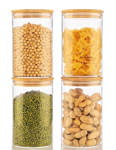 Image of 350ML Glass Food Storage Jars Containers, Set of 4 Storage Jar with Airtight Bamboo Lid Kitchen Glass Canisters For Coffee, Flour, Sugar, Candy, Cookie, Spice (Round 350 ML, Set of 4)