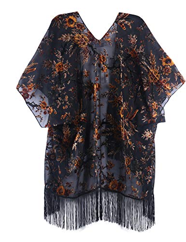 Image of MJ SERECA Women's Burnout Velvet Kimono Cardigan Cover Up with Tassel