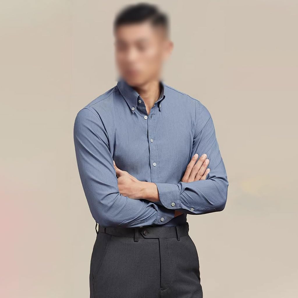 Camisa Formal De Negocios Manga Larga, Camisa De Hombre Ajustada Azul Denim De Otoño, con Cuello Abotonable