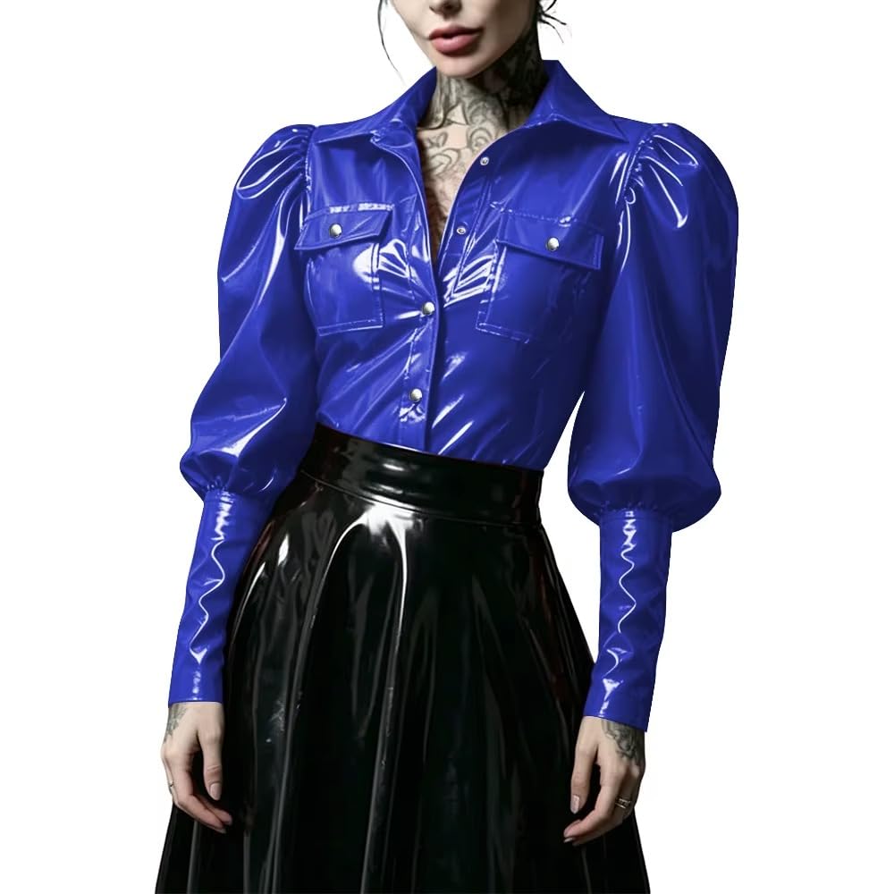 Punk PVC Lederhemd Reverskragen Top Knopfleiste Bluse Streetwear