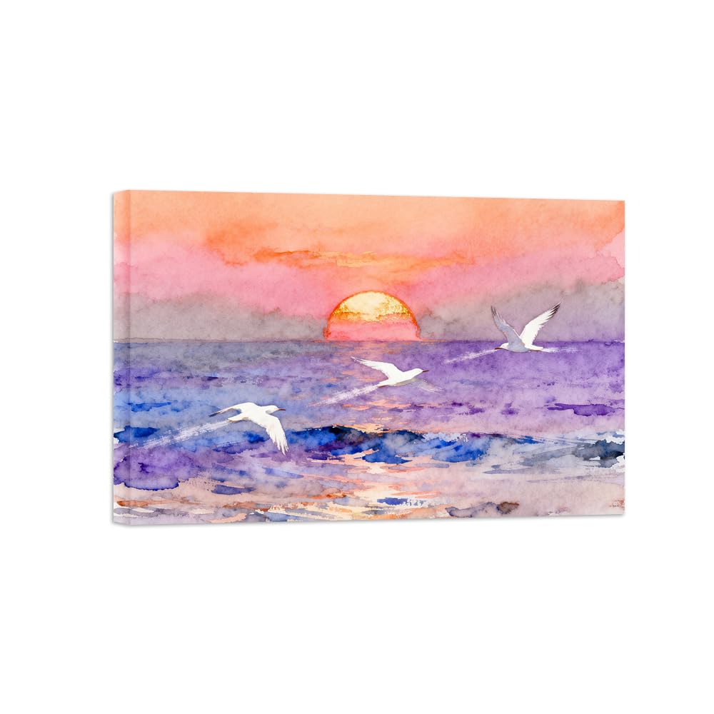OZPWBVY Purple Ocean Sunset Landscape Canvas Prints Ready to Hang 50x75cm Wrapped Canvas