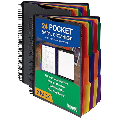 Image of Samsill 2 Pack Deluxe 24 Pocket Spiral Project Organizer with Refillable Notepad, Customizable Front Cover, 12 Dividers with Erasable Write-On Tabs in Assorted Colors, Plastic Folders with Pockets